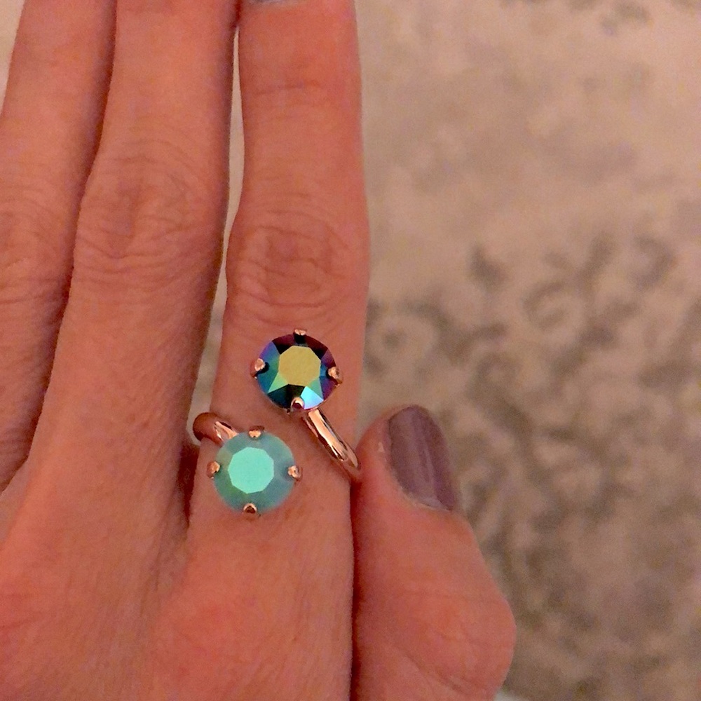 Iridescent Turquoise + Peacock Fuchsia Teal Rose Gold Crystal Ring - Picture 11 of 15